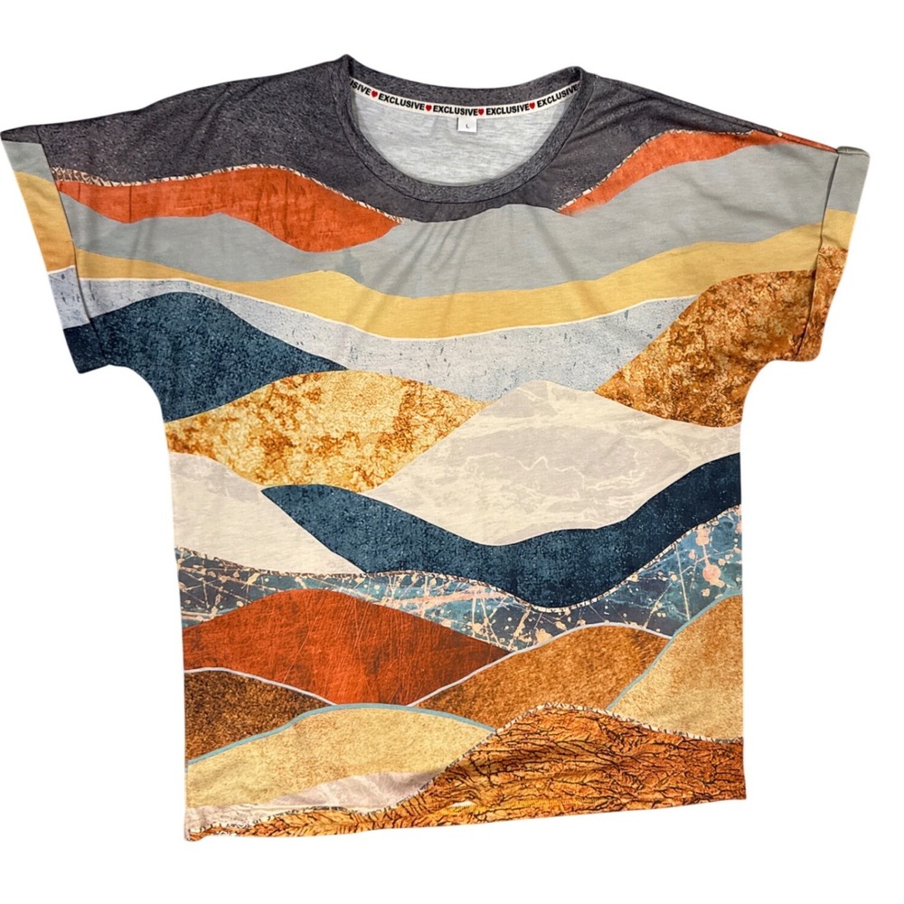 Exclusive Abstract Landscape Print Short Sleeve Relaxed Fit Top Large Multicolor